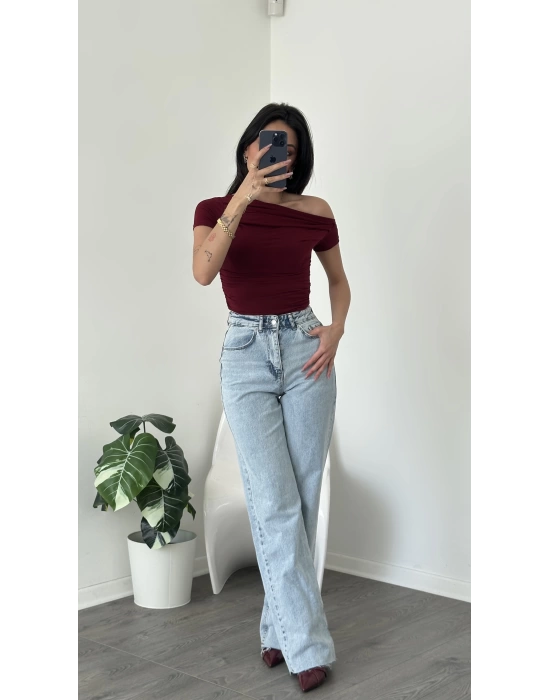 Bordo Tek Omzu Düşük Büzgülü Basic Bluz