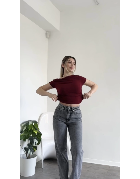 Bordo Tek Omzu Düşük Büzgülü Basic Bluz