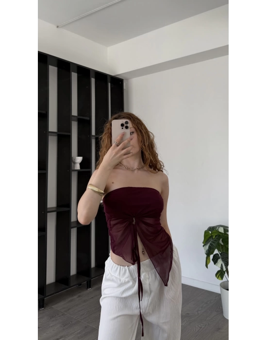 Bordo Tül Asimetrik Büzgülü Bluz