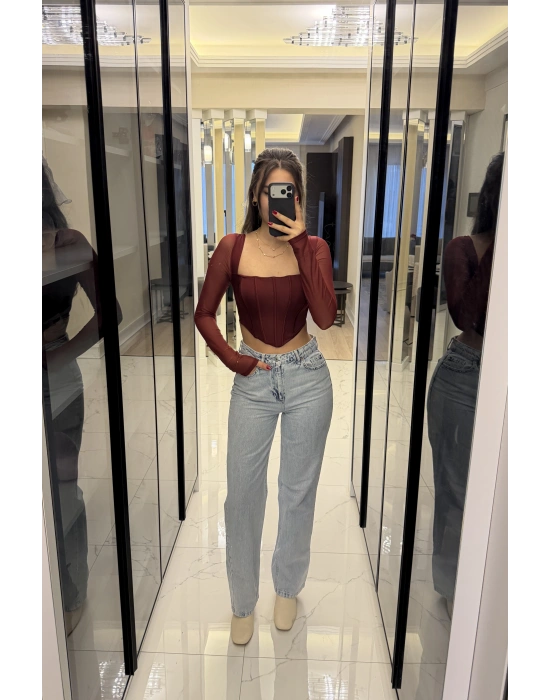 Bordo Tül Kollu Korse Bluz