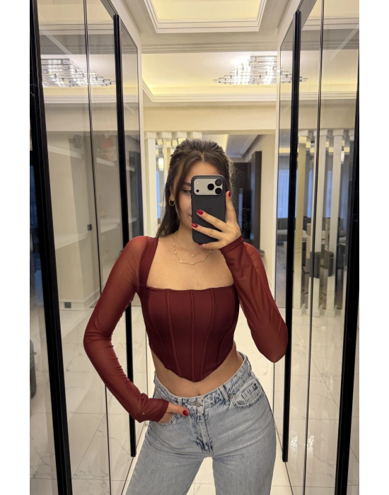 Bordo Tül Kollu Korse Bluz