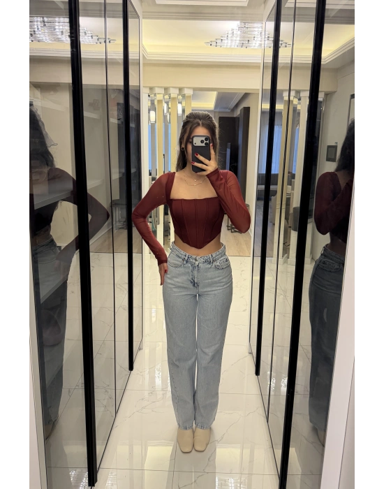 Bordo Tül Kollu Korse Bluz