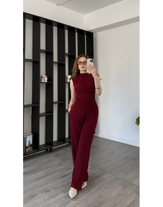 Bordo Venna Asimetrik Kesimli Sandy 2’li Takım