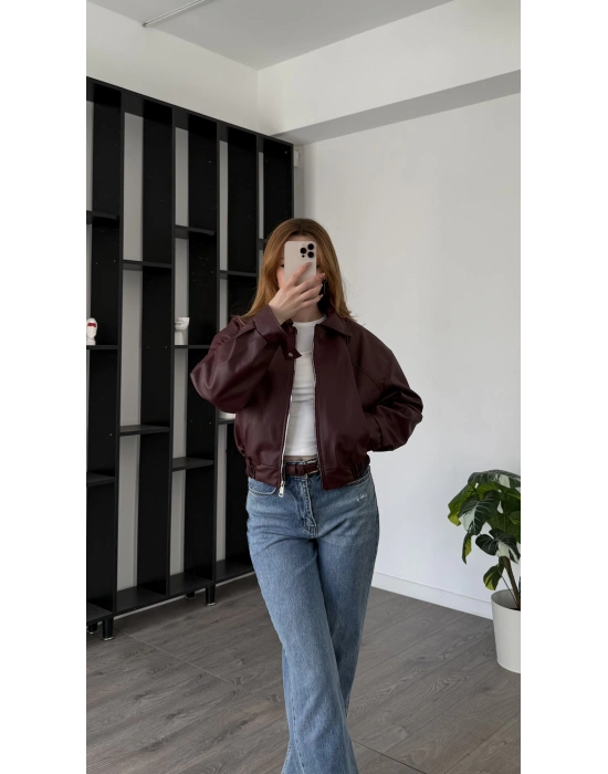 Bordo Wenna Oversize Bomber Deri Ceket