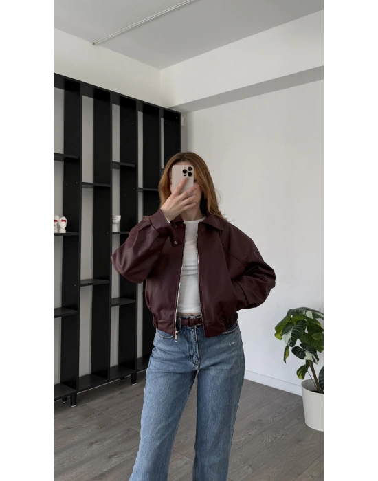 Bordo Wenna Oversize Bomber Deri Ceket
