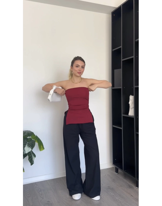 Bordo Yandan Yırtmaçlı Straplez Bluz