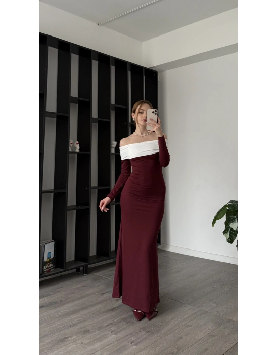 Bordo Yulia Yaka Detay Madonna Elbise