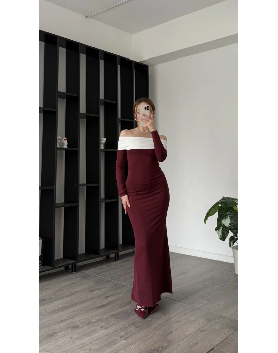 Bordo Yulia Yaka Detay Madonna Elbise
