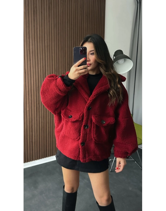 Bordo Yumoş Peluş Oversize Kaban