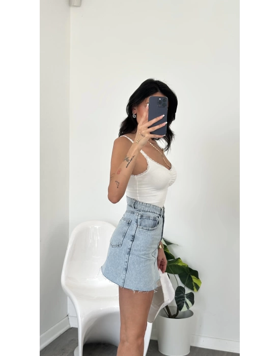 Buz Mavi Önden Yırtmaç Detaylı Dar Kalıp Mini Denim Etek
