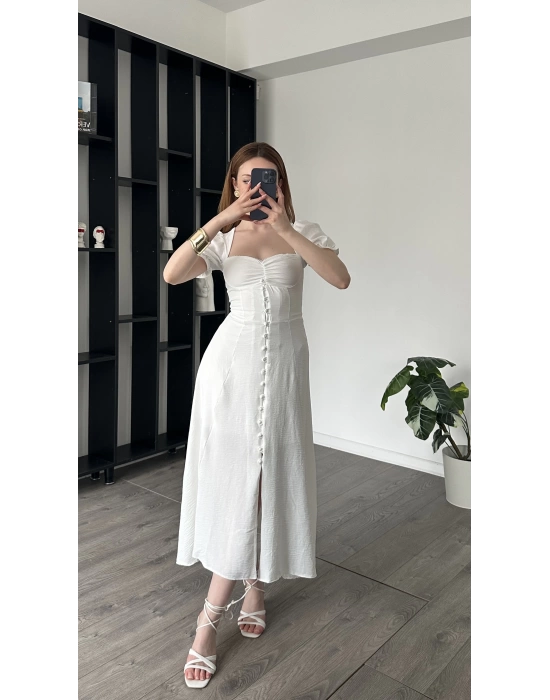 Clara Beyaz Balon Kol Düğmeli Elbise