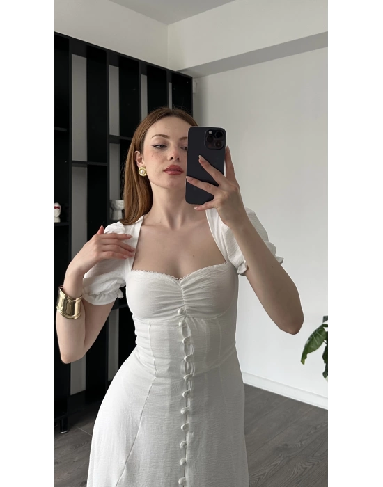Clara Beyaz Balon Kol Düğmeli Elbise