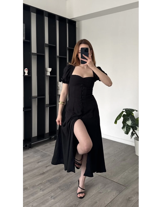 Clara Siyah Balon Kol Düğmeli Elbise