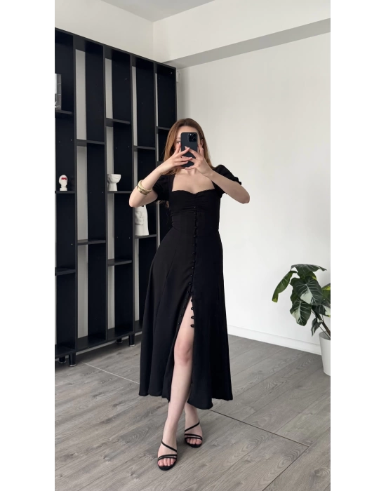 Clara Siyah Balon Kol Düğmeli Elbise