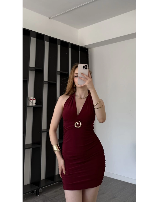 Dalia Bordo Boyundan Bağlamalı Broşlu Elbise