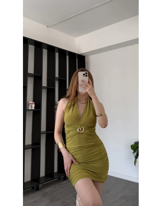 Dalia Yeşil Boyundan Bağlamalı Broşlu Elbise
