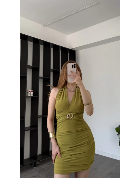 Dalia Yeşil Boyundan Bağlamalı Broşlu Elbise