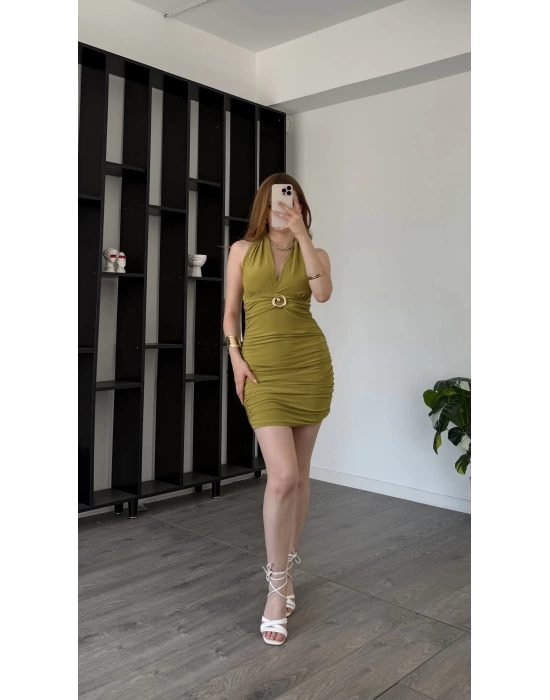 Dalia Yeşil Boyundan Bağlamalı Broşlu Elbise