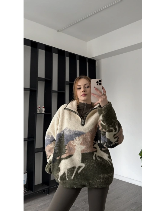 Doğa Desen Oys Marka Muadil Peluş Sweatshirt