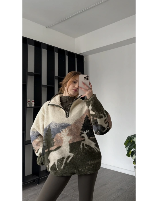 Doğa Desen Oys Marka Muadil Peluş Sweatshirt