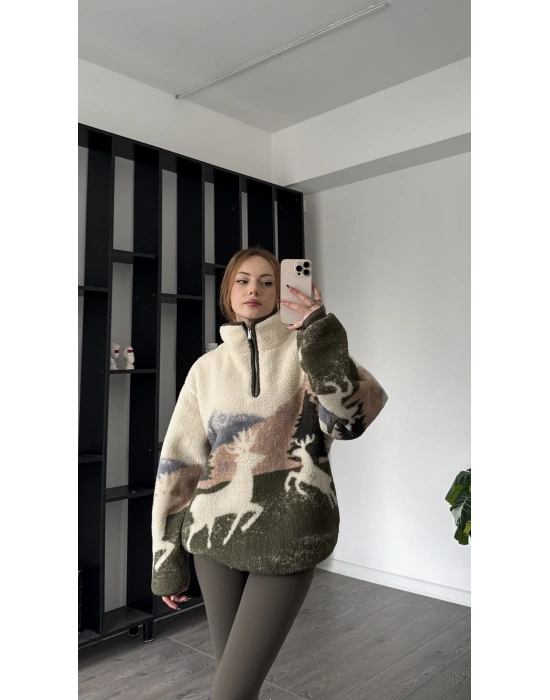 Doğa Desen Oys Marka Muadil Peluş Sweatshirt