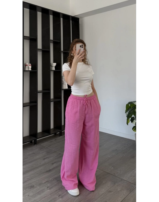 Sage Pembe Astarlı Keten Pantolon