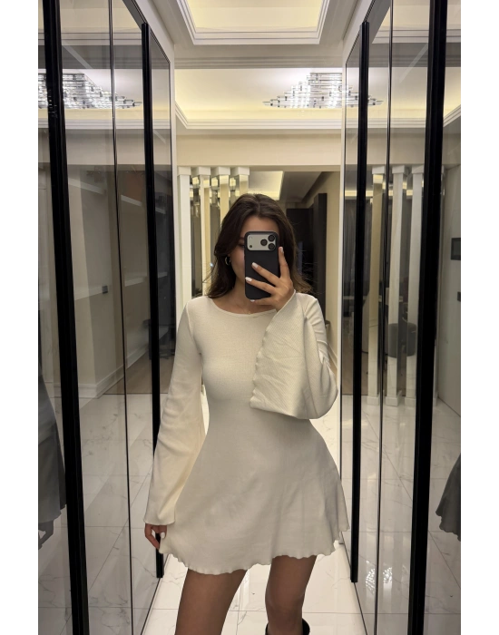 Ekru Jiex Bağcık Sırtlı Volan Elbise