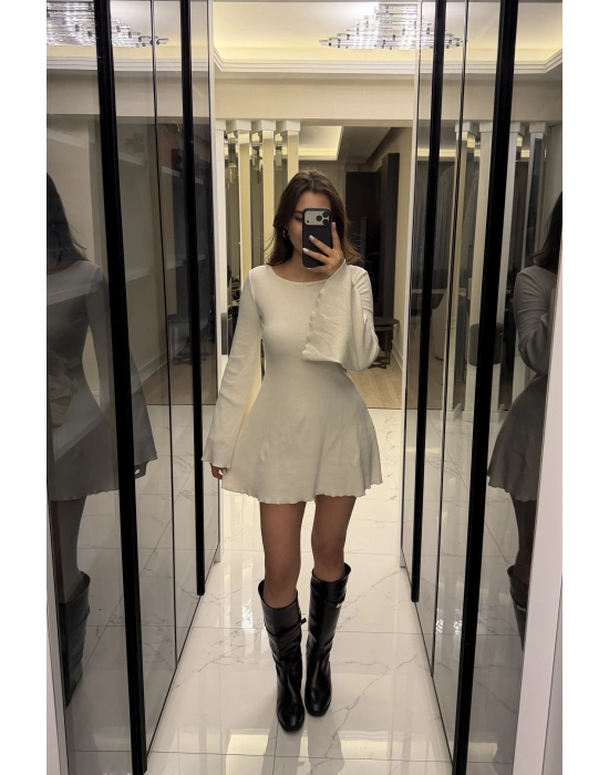 Ekru Jiex Bağcık Sırtlı Volan Elbise