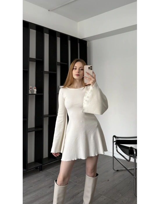 Ekru Jiex Bağcık Sırtlı Volan Elbise