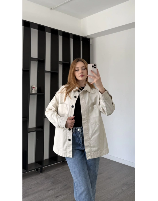 Ekru Oversize Gabardin Gömlek Ceket