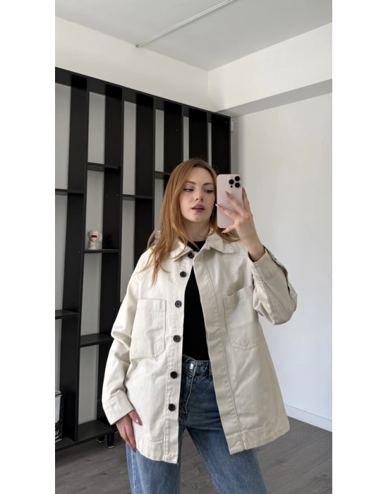 Ekru Oversize Gabardin Gömlek Ceket