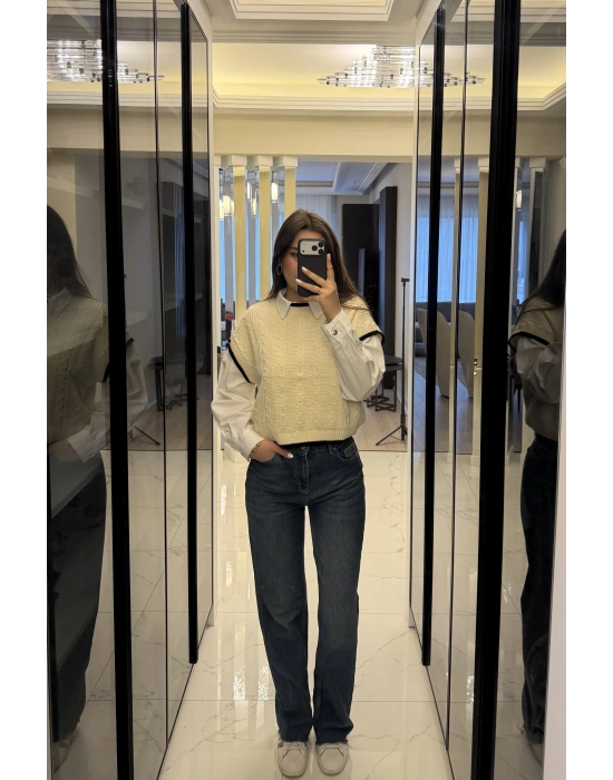 Ekru Saç Örgülü Triko Süveter