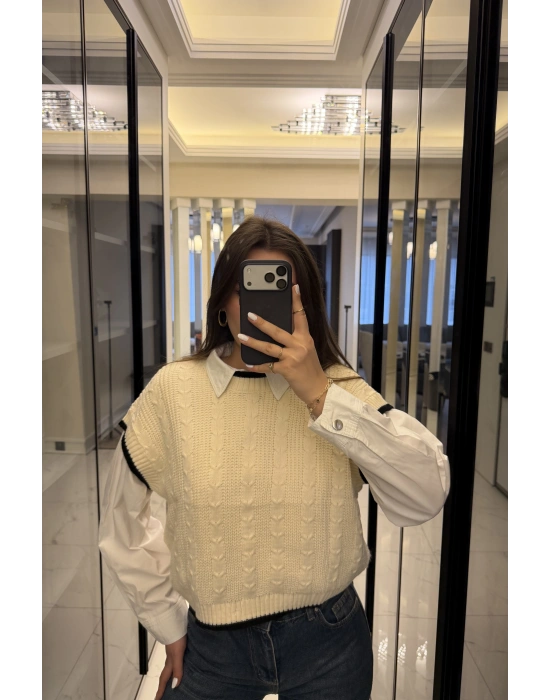 Ekru Saç Örgülü Triko Süveter
