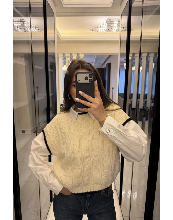 Ekru Saç Örgülü Triko Süveter