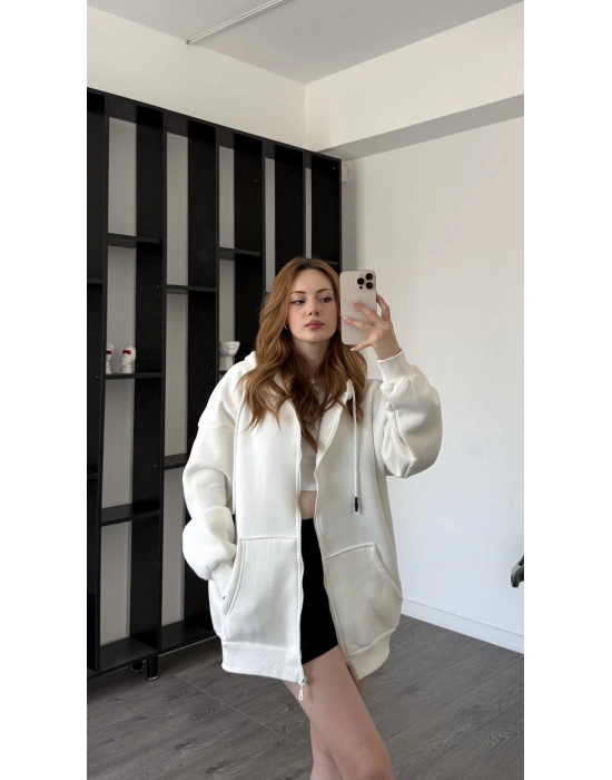 Ekru Sane Kapüşonlu Oversize Hırka