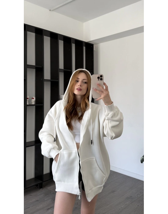 Ekru Sane Kapüşonlu Oversize Hırka