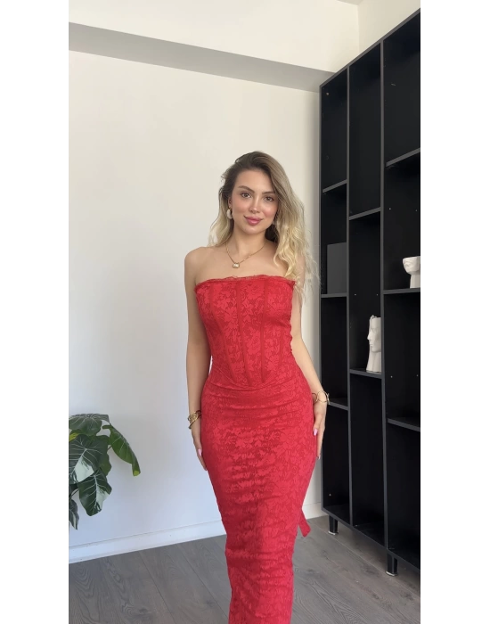 Elara Nar Çiçeği Dantel Korse Bel Kuşak Detay Elbise