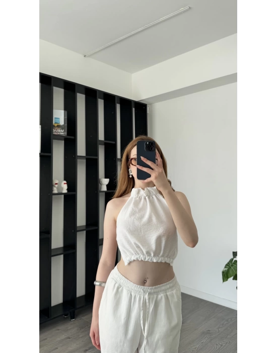 Elena Beyaz Sırt Dekolteli Bluz