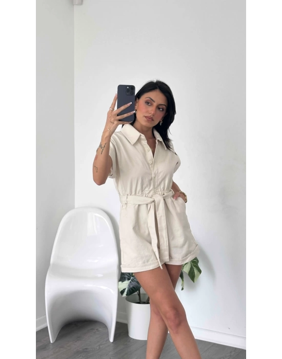 Ely Krem Gabardin Kuşaklı Tulum