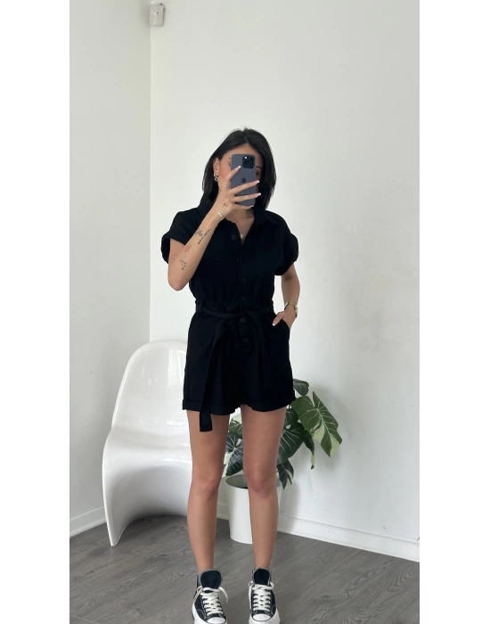 Ely Siyah Gabardin Kuşaklı Tulum