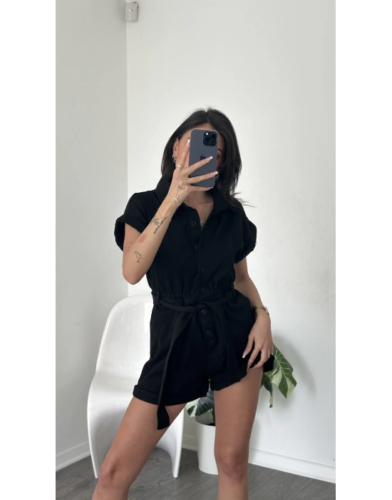 Ely Siyah Gabardin Kuşaklı Tulum