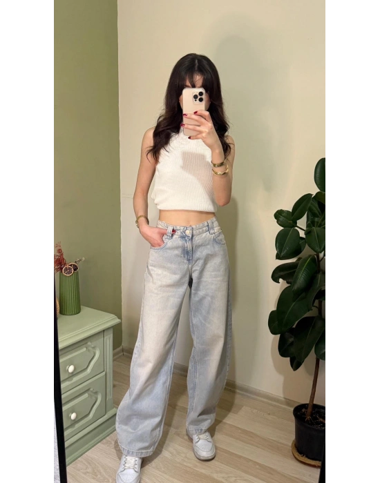 Eskitme Buz Mavi Baggy Jean
