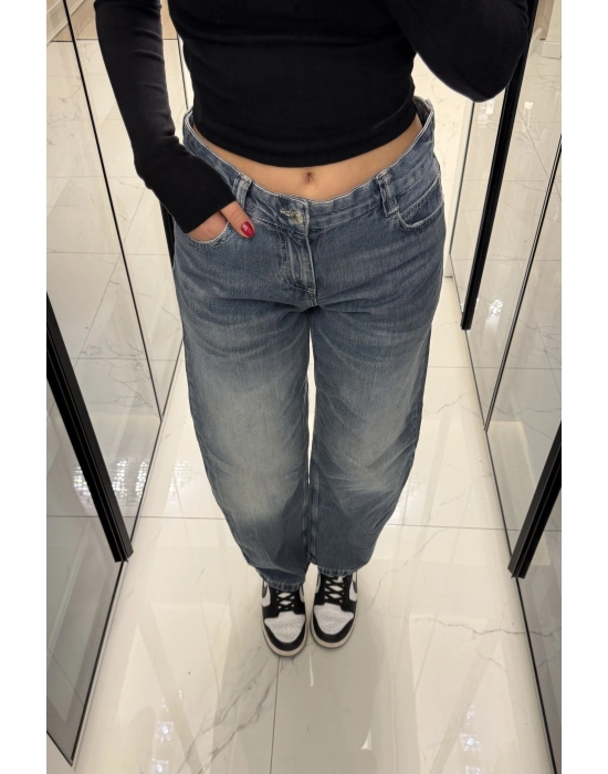 Eskitme İndigo Baggy Jean