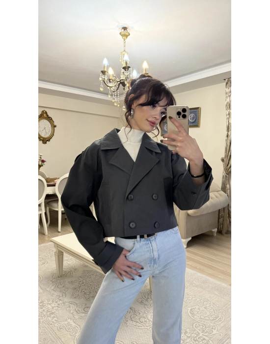 Füme Kruvaze Düğmeli Kısa Trençkot