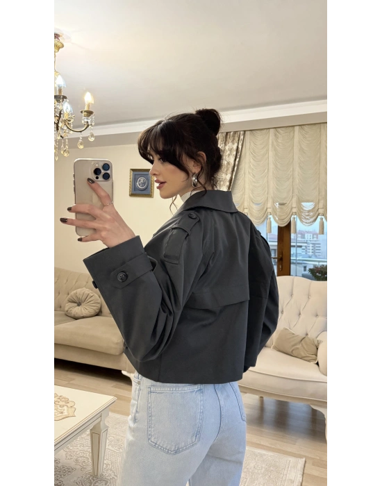 Füme Kruvaze Düğmeli Kısa Trençkot