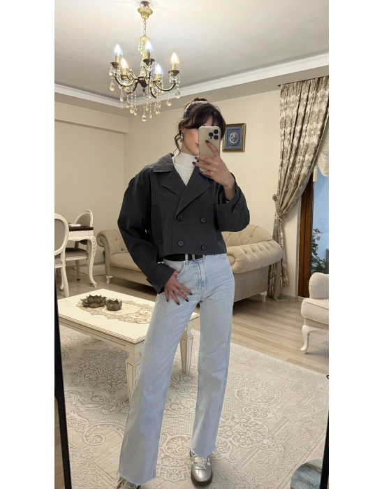 Füme Kruvaze Düğmeli Kısa Trençkot