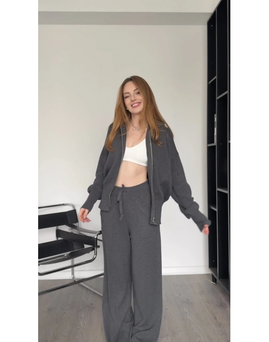 Genny Antrasit Çift Fermuarlı Triko Takım
