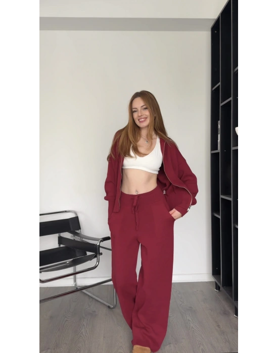 Genny Bordo Çift Fermuarlı Triko Takım