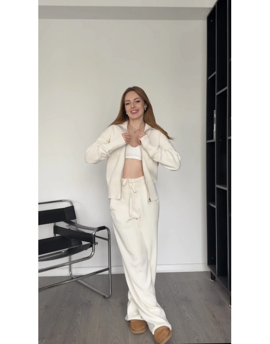 Genny Krem Çift Fermuarlı Triko Takım