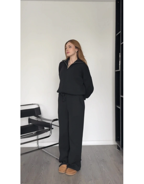 Genny Siyah Çift Fermuarlı Triko Takım